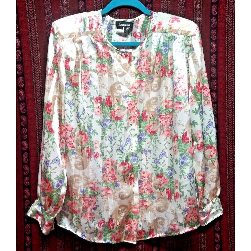 Vintage Secretary blouse top Gianna Sz 8 floral satin stripes shabby chic style